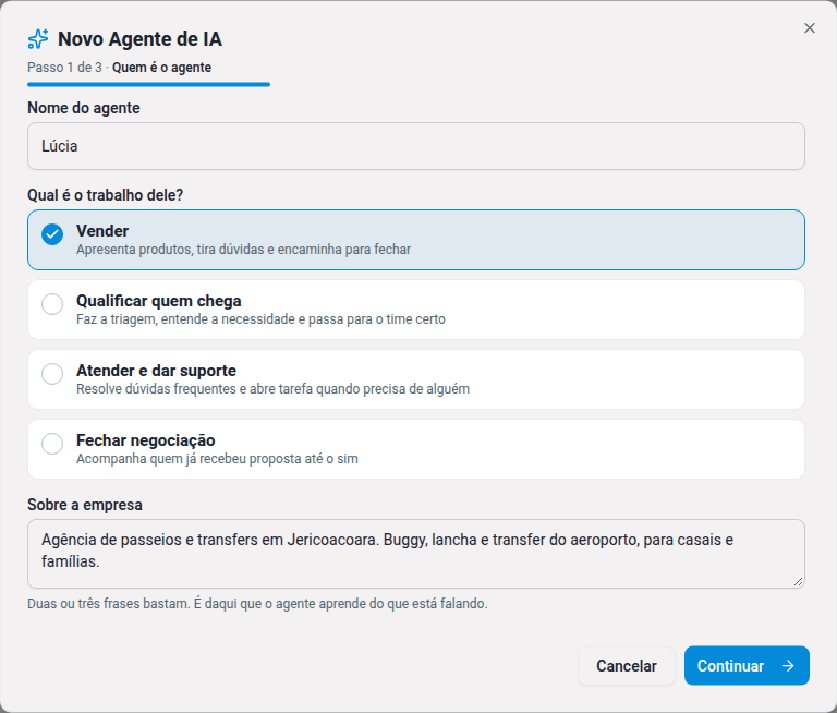 Assistente de criação do agente de IA: nome, trabalho do agente e descrição da empresa.