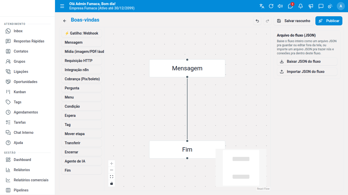Construtor de Fluxos do Dialogix com a lista de blocos e um fluxo de boas-vindas.