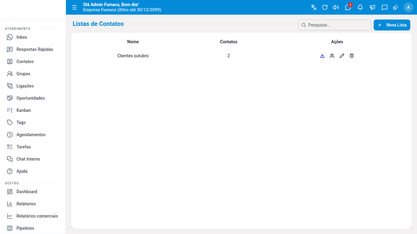 Listas de Contatos do Dialogix com a quantidade de contatos de cada lista.