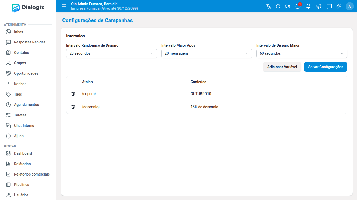 Configurações de Campanhas com as variáveis personalizadas {cupom} e {desconto}.