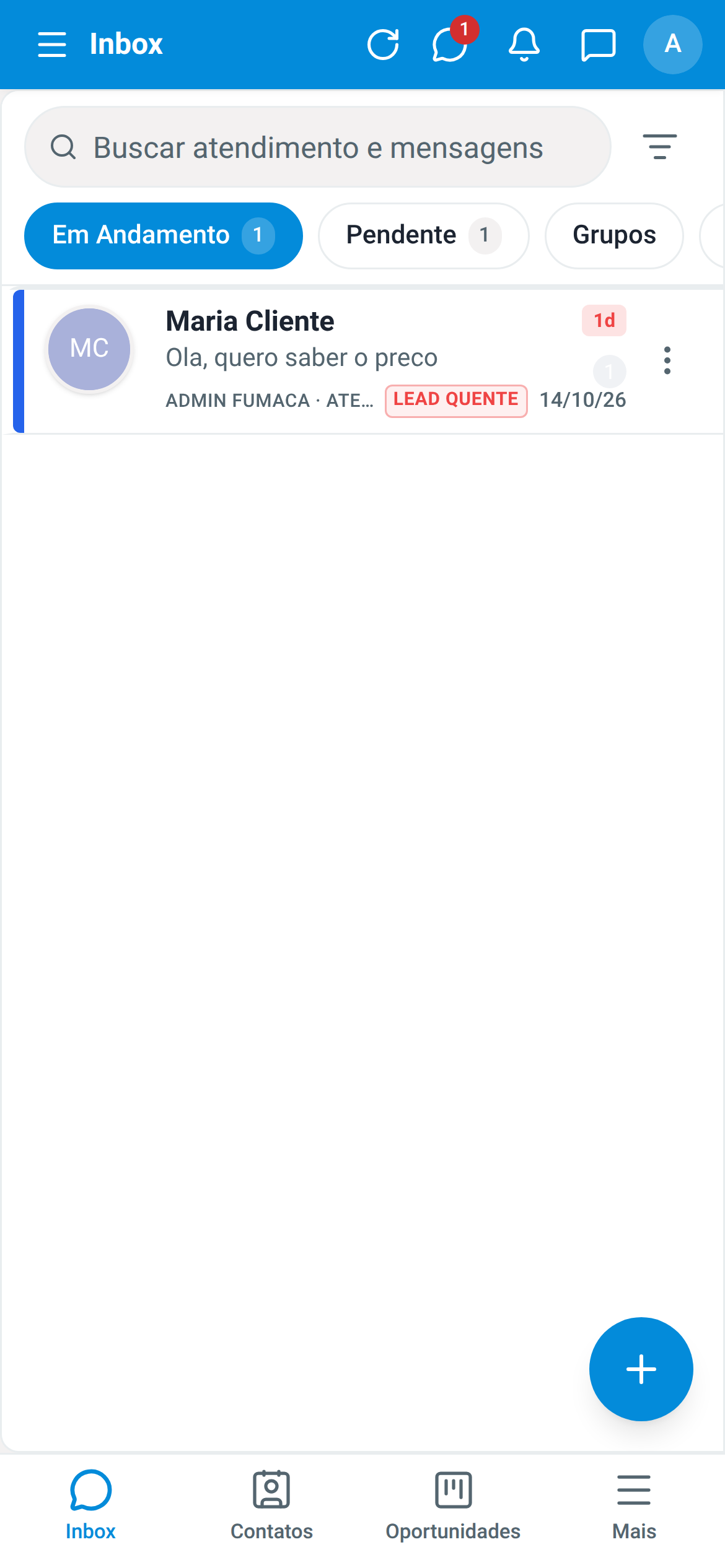 A lista do Inbox no app do Dialogix no celular.