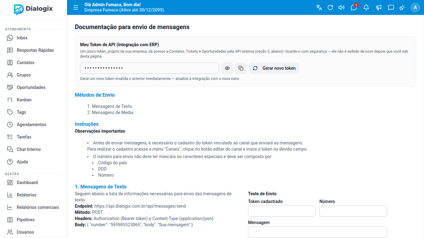 Tela de API do Dialogix com o token da empresa e a documentação de envio de mensagens.