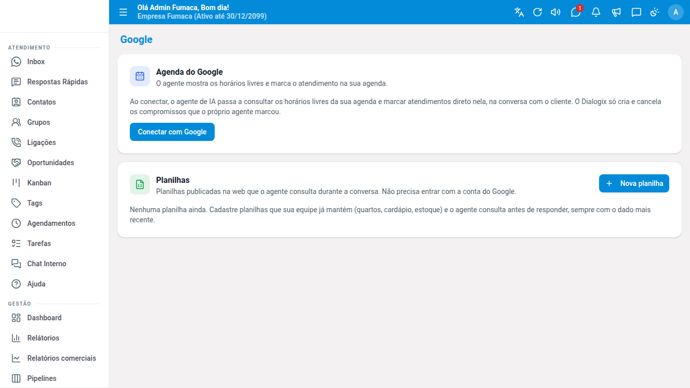 Tela Google do Dialogix com a Agenda do Google conectada e as planilhas cadastradas.
