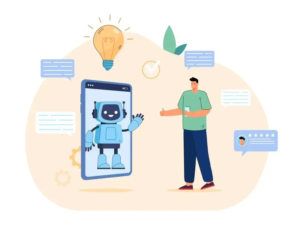 Ilustração de um assistente virtual na tela de um celular conversando com um cliente.