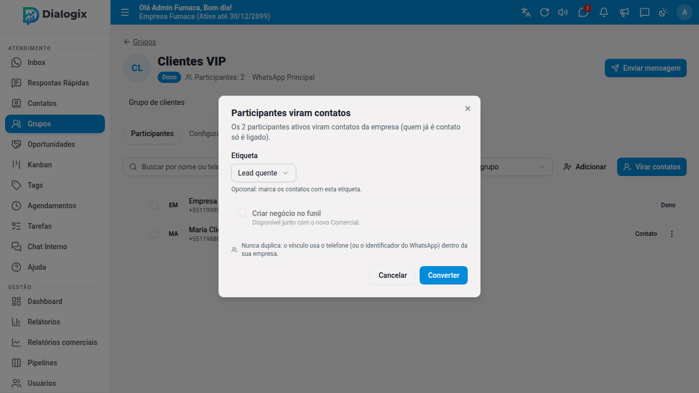 Janela Participantes viram contatos com a etiqueta escolhida e o botão Converter.