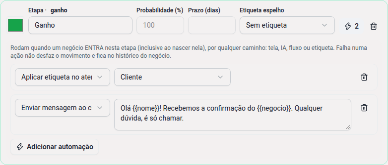 Etapa Ganho com duas automações: aplicar etiqueta no atendimento e enviar mensagem ao cliente.