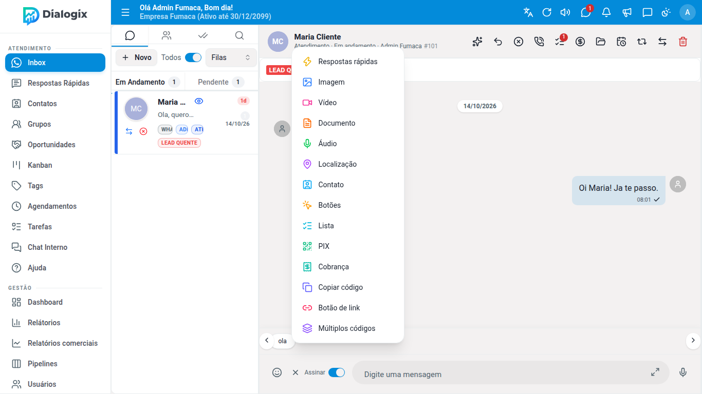 Menu do botão + aberto na conversa, com as mensagens interativas: botões, lista, Pix, cobrança e códigos.