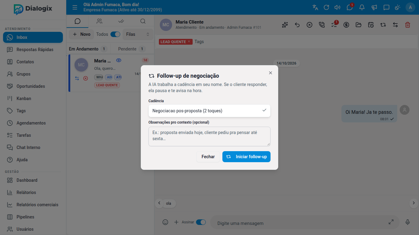 Janela Follow-up de negociação aberta no atendimento, com a cadência escolhida e o botão Iniciar follow-up.